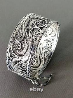 Ancien Bracelet Manchette Filigranes En Argent Massif