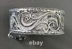 Ancien Bracelet Manchette Filigranes En Argent Massif