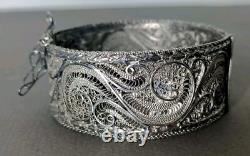 Ancien Bracelet Manchette Filigranes En Argent Massif