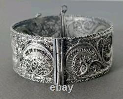 Ancien Bracelet Manchette Filigranes En Argent Massif