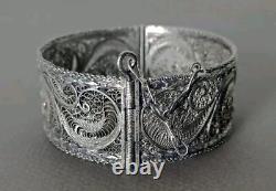 Ancien Bracelet Manchette Filigranes En Argent Massif