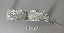 Ancien Bracelet Manchette Filigranes En Argent Massif