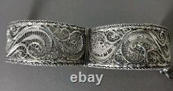 Ancien Bracelet Manchette Filigranes En Argent Massif