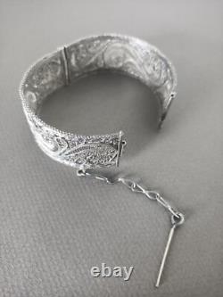 Ancien Bracelet Manchette Filigranes En Argent Massif