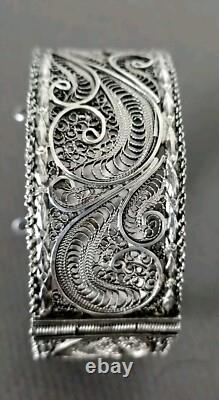 Ancien Bracelet Manchette Filigranes En Argent Massif