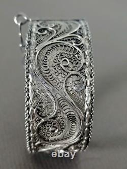 Ancien Bracelet Manchette Filigranes En Argent Massif