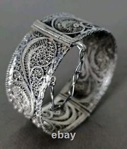 Ancien Bracelet Manchette Filigranes En Argent Massif