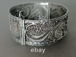 Ancien Bracelet Manchette Filigranes En Argent Massif