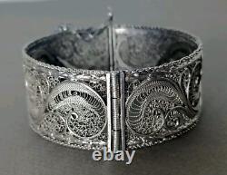 Ancien Bracelet Manchette Filigranes En Argent Massif