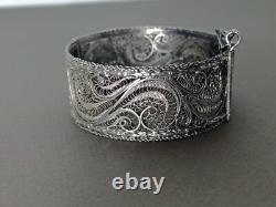 Ancien Bracelet Manchette Filigranes En Argent Massif