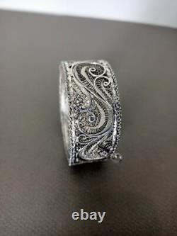 Ancien Bracelet Manchette Filigranes En Argent Massif