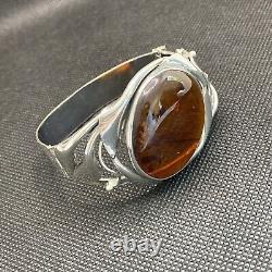 Ancien Bracelet Manchette Gourmette Argent Massif Silver Cabochon Ambre