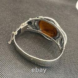 Ancien Bracelet Manchette Gourmette Argent Massif Silver Cabochon Ambre