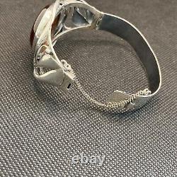 Ancien Bracelet Manchette Gourmette Argent Massif Silver Cabochon Ambre