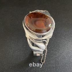 Ancien Bracelet Manchette Gourmette Argent Massif Silver Cabochon Ambre