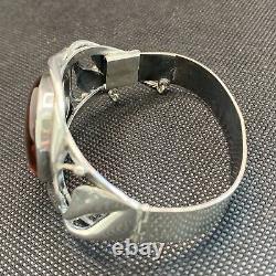 Ancien Bracelet Manchette Gourmette Argent Massif Silver Cabochon Ambre