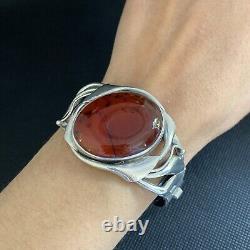 Ancien Bracelet Manchette Gourmette Argent Massif Silver Cabochon Ambre