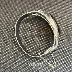 Ancien Bracelet Manchette Gourmette Argent Massif Silver Cabochon Ambre