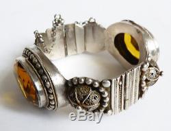 Ancien Bracelet rigide argent massif + pierres jaunes etnique silver