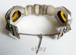 Ancien Bracelet rigide argent massif + pierres jaunes etnique silver