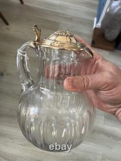 Ancien Broc Carafon Verre et Argent Massif XIXéme Minerve