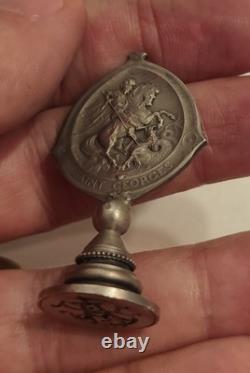 Ancien Cachet cire Argent Massif de bureau saint Georges sceau matrice religion
