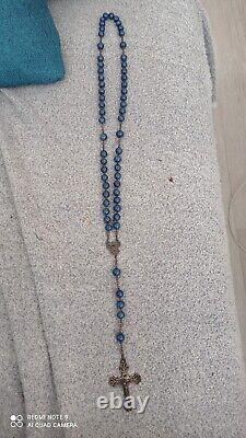 Ancien Chapelet Croix Argent Massif Perles Lapis Lazuli