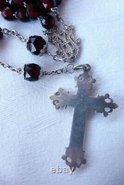 Ancien Chapelet XIXe en Argent Massif et Grenats Croix Fleur de Lys Rosary 50cm