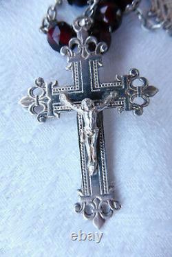 Ancien Chapelet XIXe en Argent Massif et Grenats Croix Fleur de Lys Rosary 50cm