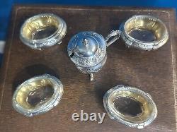 Ancien Coffret 4 Salerons Et Un Moutardier En Argent Massif Poinçon Minerve