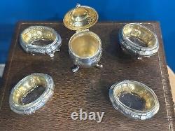 Ancien Coffret 4 Salerons Et Un Moutardier En Argent Massif Poinçon Minerve