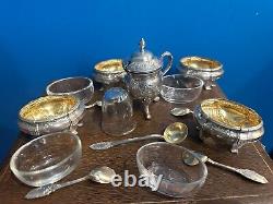 Ancien Coffret 4 Salerons Et Un Moutardier En Argent Massif Poinçon Minerve
