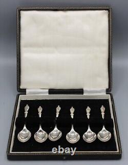 Ancien Coffret 6 Petites Cuilleres Cafe Moka En Argent Massif Anglais XIX Eme