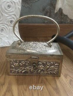 Ancien Coffret À Main En Argent Massif Poinçon 800 Asiatique Pas De Poinçon