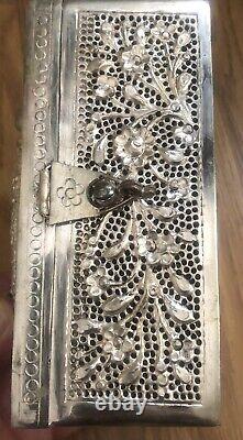 Ancien Coffret À Main En Argent Massif Poinçon 800 Asiatique Pas De Poinçon