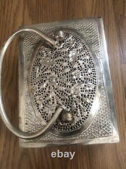 Ancien Coffret À Main En Argent Massif Poinçon 800 Asiatique Pas De Poinçon