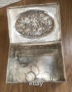 Ancien Coffret À Main En Argent Massif Poinçon 800 Asiatique Pas De Poinçon