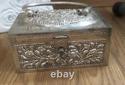 Ancien Coffret À Main En Argent Massif Poinçon 800 Asiatique Pas De Poinçon