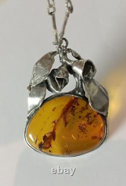 Ancien Collier Ambre Naturel Sûr Argent Massif