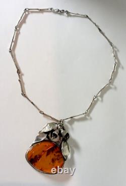 Ancien Collier Ambre Naturel Sûr Argent Massif