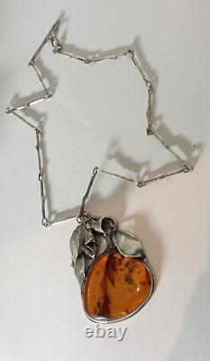 Ancien Collier Ambre Naturel Sûr Argent Massif