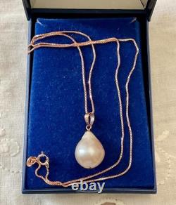 Ancien Collier & Pendentif Or Rose Argent Massif Énorme Perle Baroque