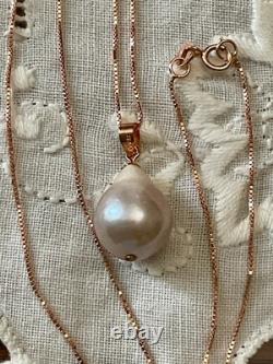 Ancien Collier & Pendentif Or Rose Argent Massif Énorme Perle Baroque