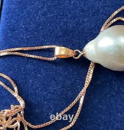 Ancien Collier & Pendentif Or Rose Argent Massif Énorme Perle Baroque