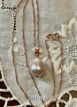 Ancien Collier & Pendentif Or Rose Argent Massif Énorme Perle Baroque