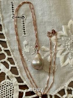 Ancien Collier & Pendentif Or Rose Argent Massif Énorme Perle Baroque