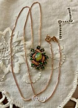 Ancien Collier & Pendentif Or Rose Argent Massif Opale Et Péridots Naturels