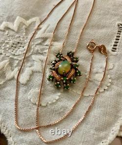 Ancien Collier & Pendentif Or Rose Argent Massif Opale Et Péridots Naturels