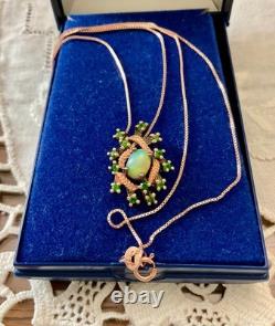 Ancien Collier & Pendentif Or Rose Argent Massif Opale Et Péridots Naturels