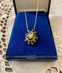 Ancien Collier & Pendentif Or Rose Argent Massif Opale Et Péridots Naturels